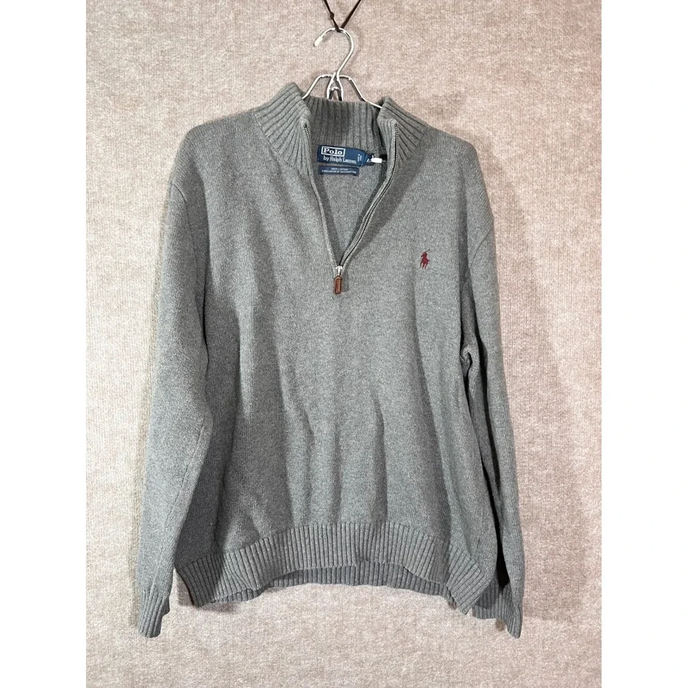 Polo Ralph Lauren Quarter Zip Sweater Mens XL Gray Cotton Red Pony Preppy